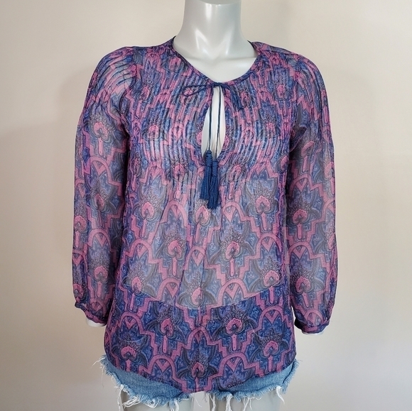 3/$30 ❤️ 𝅺joie Bohemian Sheer Paisley Print Silk Pop Over Blouse Size XXS - Picture 9 of 14
